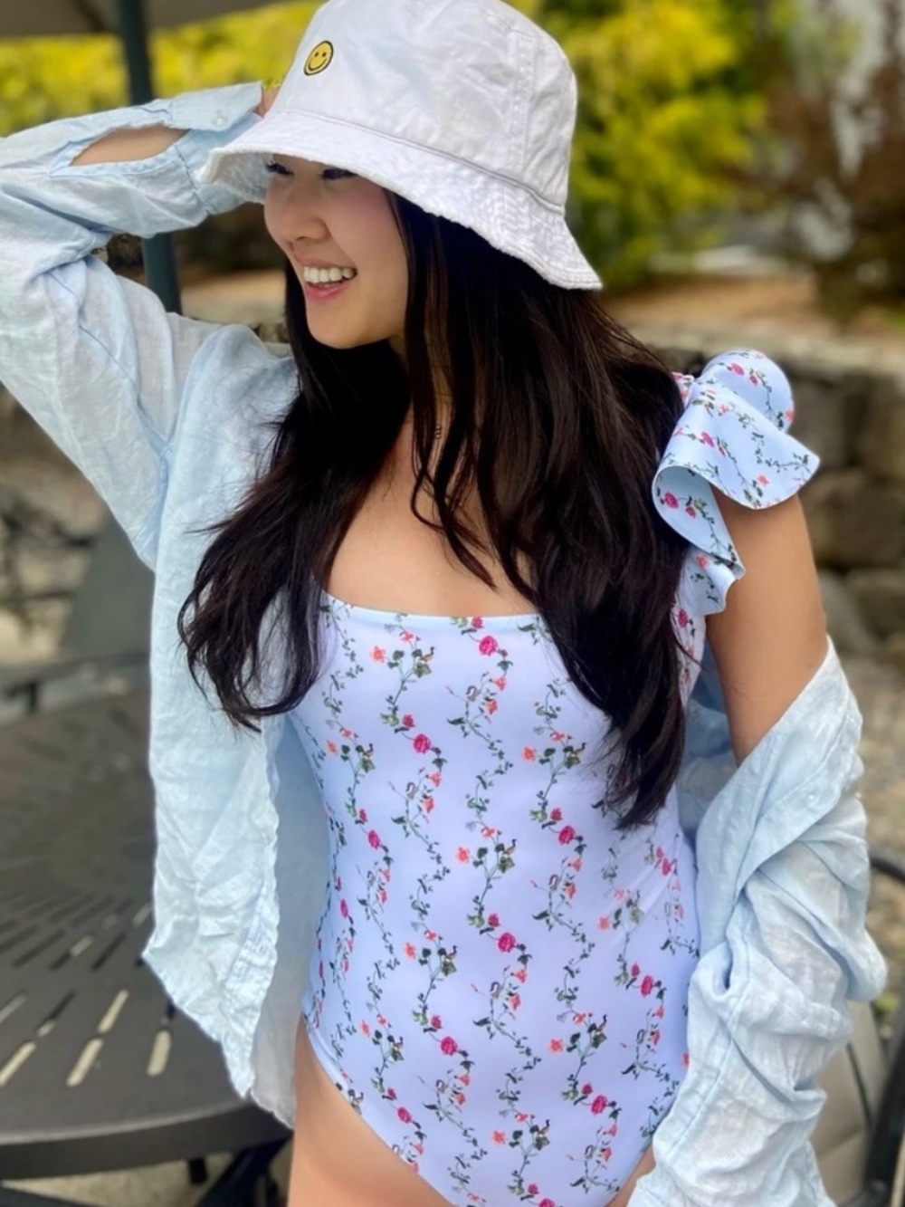 Hill House Home XS Rose One Piece Baby Blue Pink Floral Ruffle Coquette Preppy